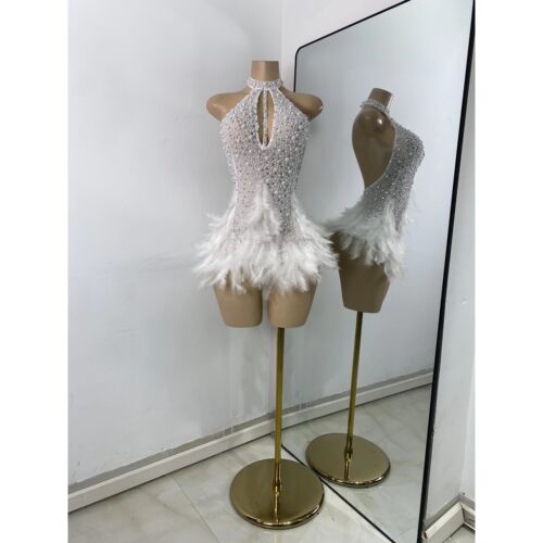 High Quality Women Sexy Halter Beading Feather Tight Bodysui