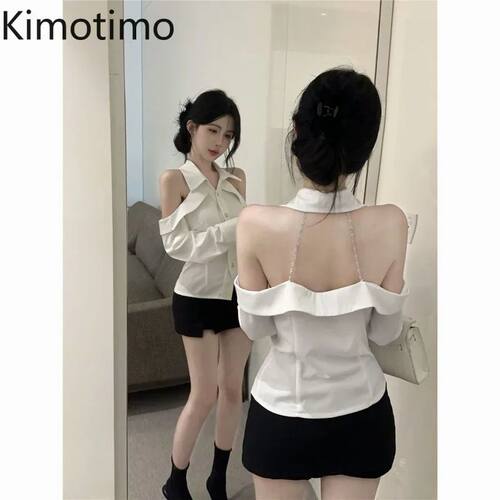Kimotimo Sexy Halter Off Shoulder Long Sleeve Shirts Women L