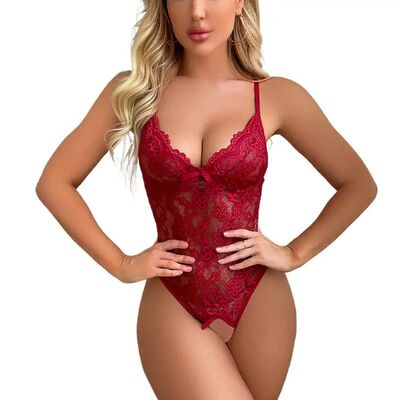 Red Sexy Crotchless Lingerie Women Lace Hollow Bodysuit Erot