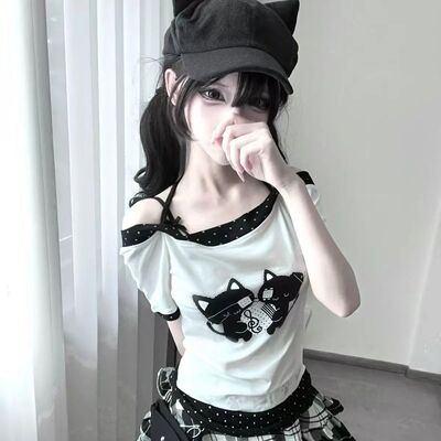Japanese Sweet Kawaii Cartoon Polka Dot Print T-shirt Women
