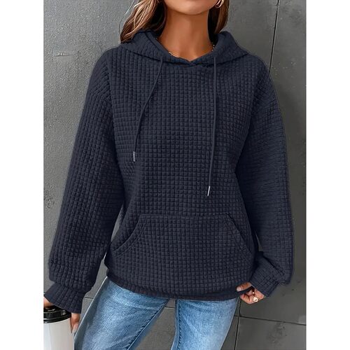 Women Short Length Waffle Knit Hoodie Solid Black Drawstring