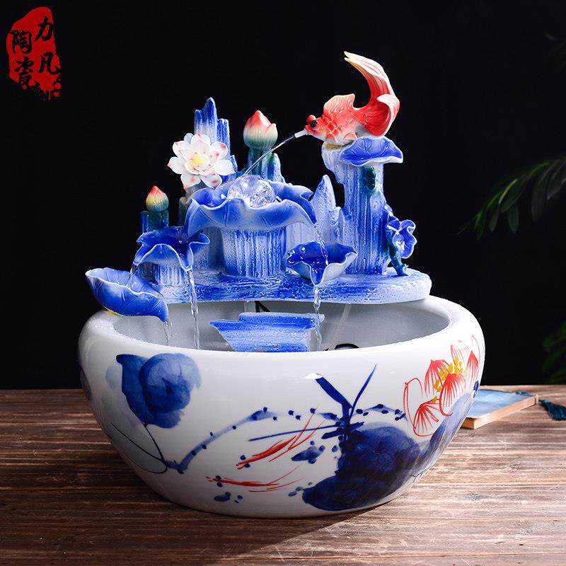 家居客厅流水喷泉招财摆件中式玄关陶瓷青花鱼缸风水桌面雾化加湿