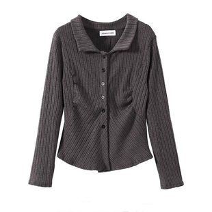 大码别致设计感小众polo领气质衬衫秋冬新款女修身显瘦长袖上衣