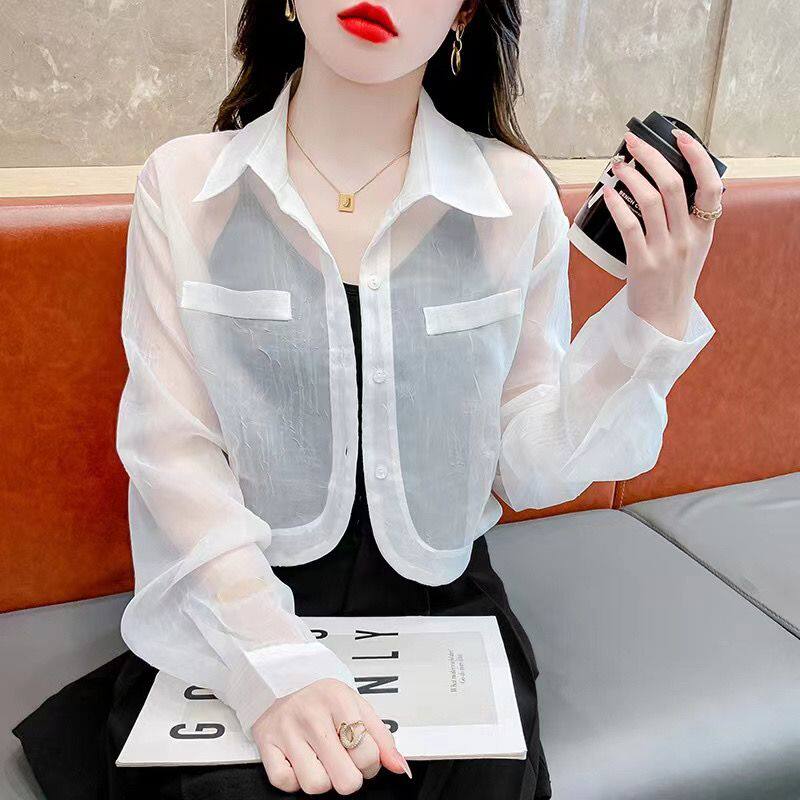 2024夏装新款洋气长袖衬衫防晒衣女夏外穿时尚短款雪纺防晒服外套