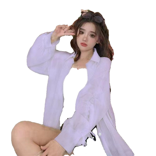 抽绳长袖防晒衣女夏季衬衫外套中长款宽松慵懒风oversize白色衬衣
