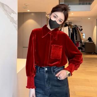 法式洋气独特别致绝美小上衣超好看小个子红色丝绒衬衫女款秋冬季