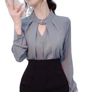 冠幂雪纺衬衫女长袖2025新款高级感洋气职业ol套头气质v领上衣夏