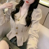 欧货季 女 上衣V领镂空蕾丝打底衫 法式 高级感别致独特今年流行爆款