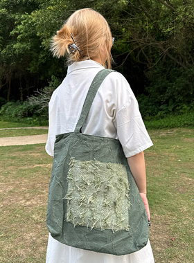 咩奇【艾草绿】单肩包绿色系原创棉麻复古流苏通勤风手工帆布包