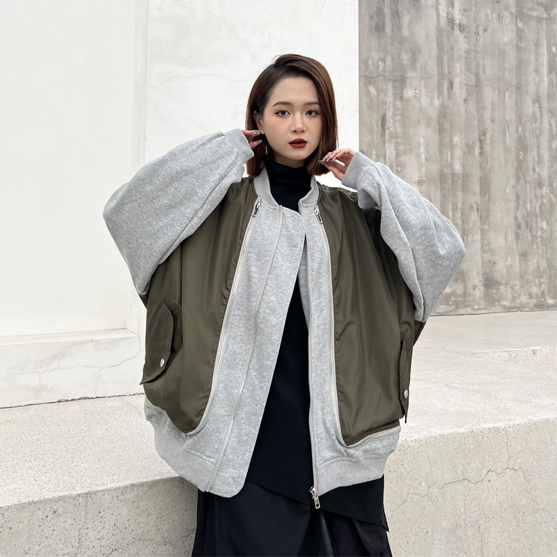 拼接撞色短款外套女欧货拉链设计