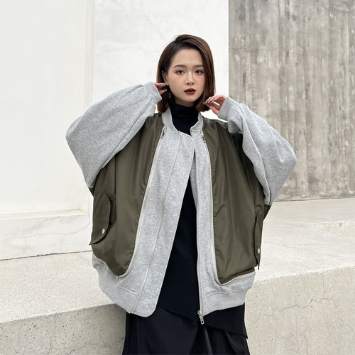 拼接撞色短款外套女欧货拉链设计