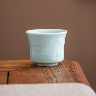 泡茶单杯品茗杯陶瓷茶具杯子 影青海浪青瓷茶杯浮雕家用复古中式