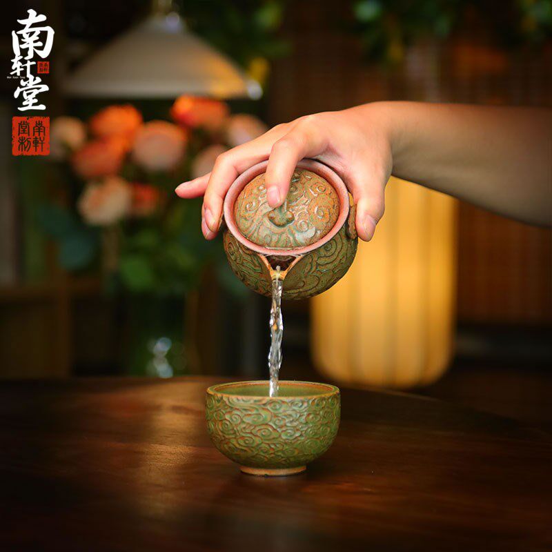 紫砂还原烧手抓壶绿祥云如意宝瓶盖碗复古泡茶壶便携功夫茶具
