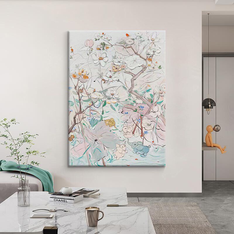 吉祥大象抽象花卉手绘油画儿童房花卉植物装饰画客厅玄关肌理挂画