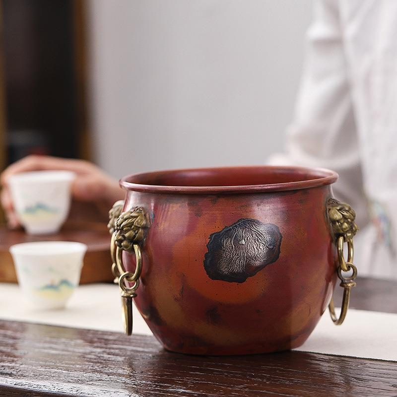 高端紫铜茶洗纯铜大容量茶渣缸复古建水大号水盂废水桶烟灰缸笔洗