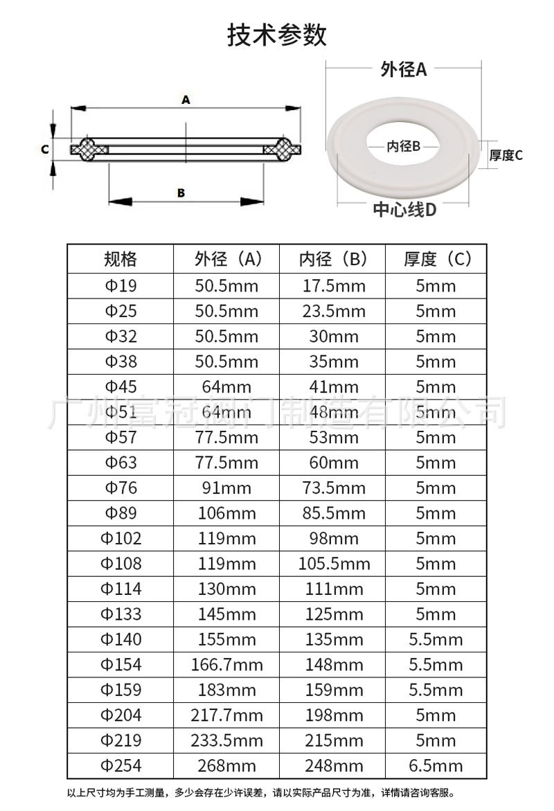 快装垫片聚四氟乙烯硬垫片卫生级卡盘圈垫卡箍四氟垫子密封圈