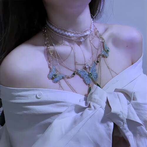 蕾丝绿色蝴蝶流苏项链仙气小众腿环女森系纯欲腿链性感辣妹身体链