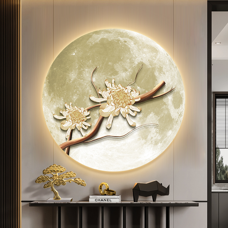 新中式玄关装饰画树枝花卉禅意入户客厅正对门圆形月球带灯画挂画图片