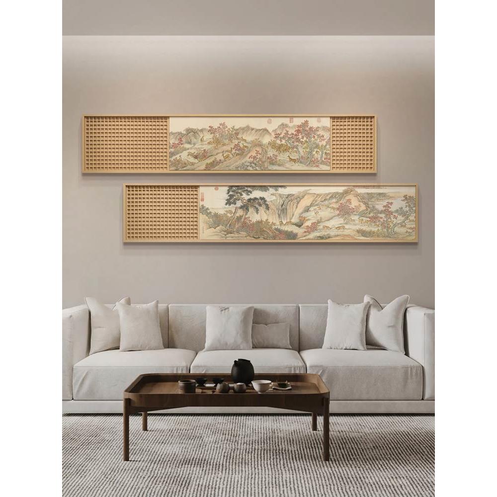 新中式客厅沙发背景墙装饰画福鹿平安图茶室山水风景长条立体挂画图片
