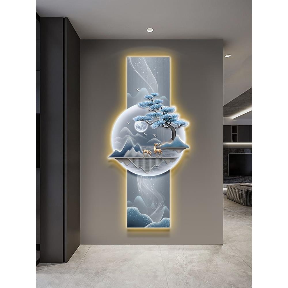 轻奢玄关装饰画创意立体感竖版福鹿挂画入户走廊过道led发光灯画图片