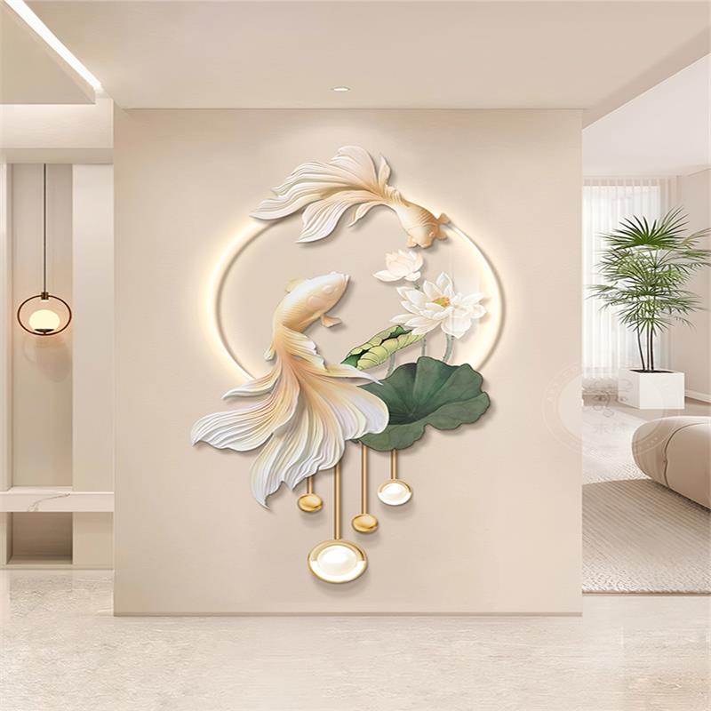 新中式荷花玄关装饰画发光招财锦鲤轻奢高档走廊过道挂画立体壁画图片
