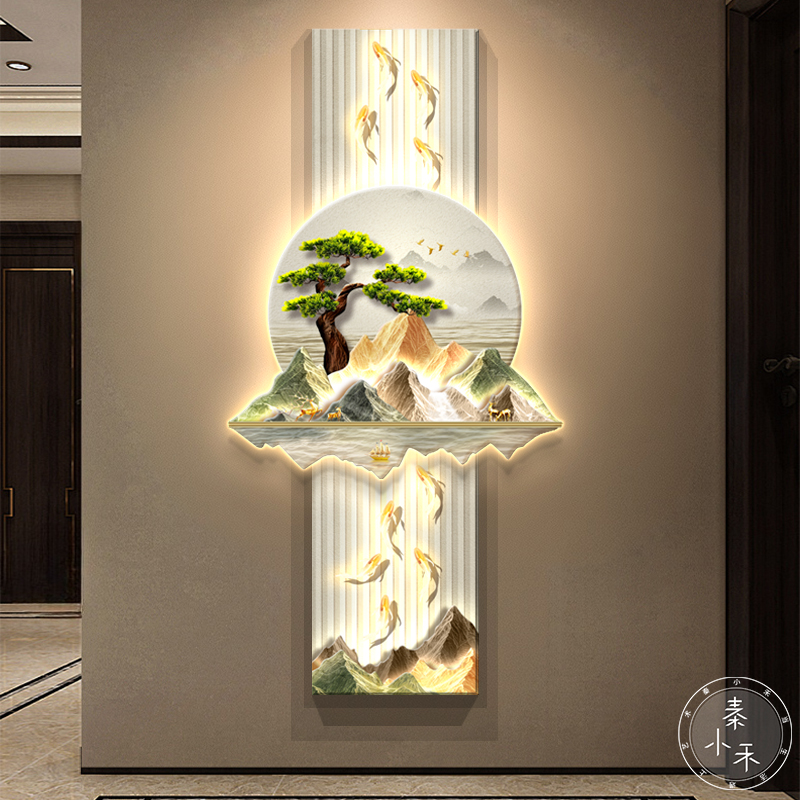 立体玄关装饰画新中式入户画高级感九鱼图山水画酒店走廊过道挂画图片