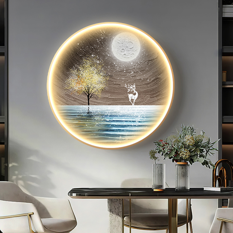 星空福鹿圆形餐厅装饰画客厅玄关led灯画现代轻奢走廊过道壁画图片