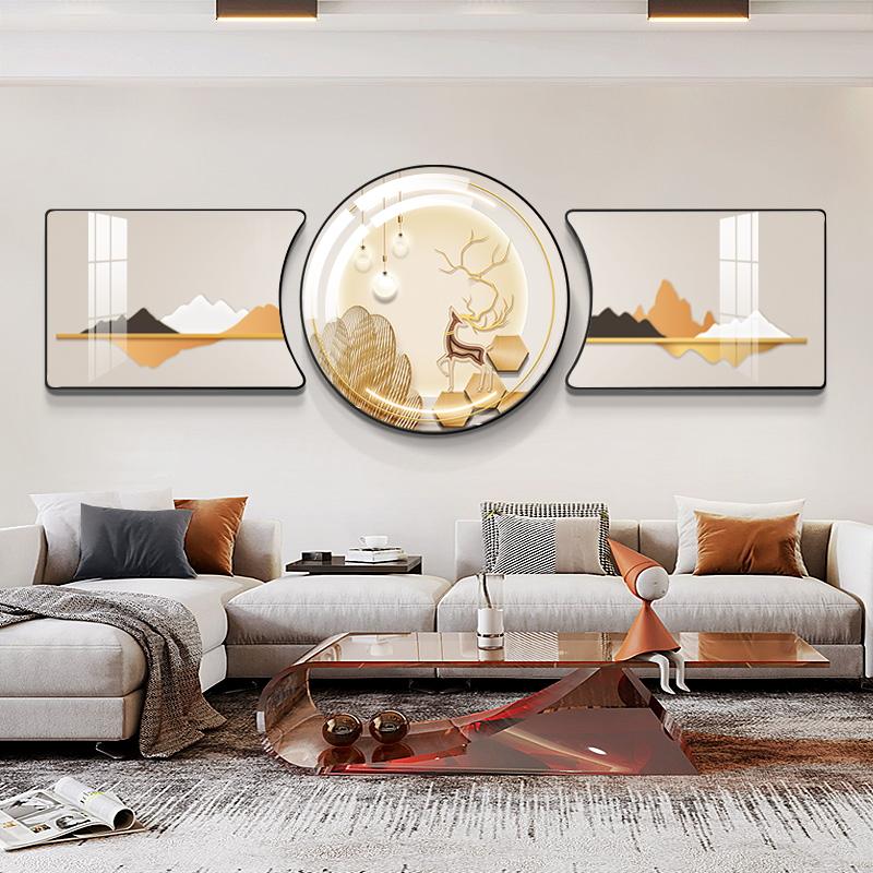 寓意好2024新款客厅装饰画沙发背景墙挂画福鹿鱼立体镶钻壁画晶瓷图片