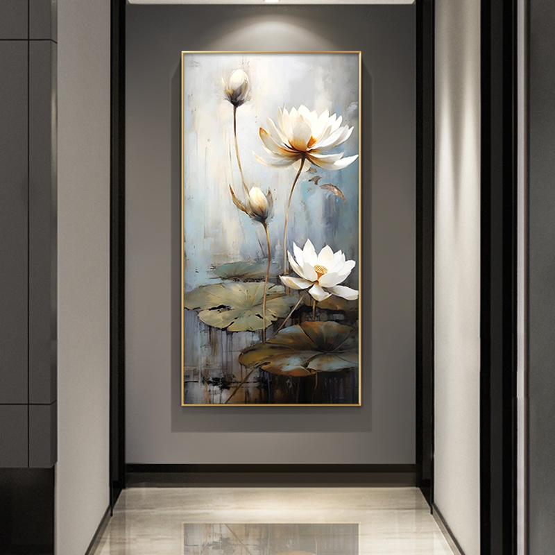 现代轻奢玄关装饰画大芬油画村高档新中式喷绘荷花寓意好走廊挂画图片