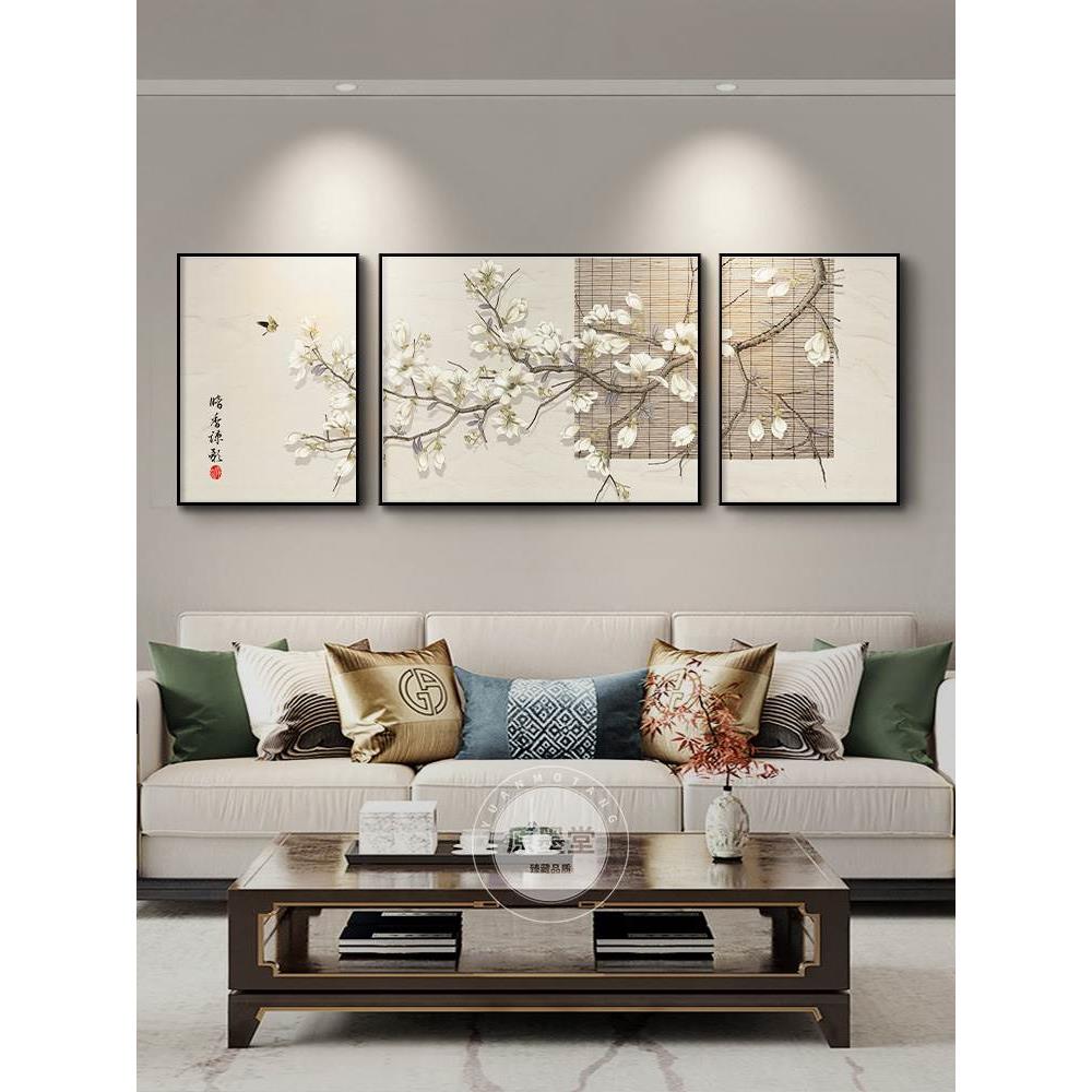 新中式花鸟客厅沙发背景墙装饰画桃花禅意壁画大气三联画组合挂画
