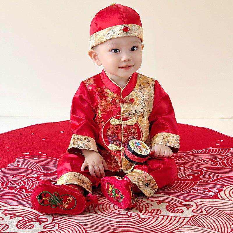 男婴抓周宴礼服秋季周岁礼服婴儿男女衣服抓周中国百天一周岁唐装