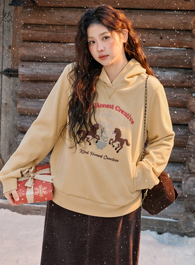 时然大码刺绣连帽卫衣微胖mm冬季加绒上衣新款冬装长袖保暖内搭