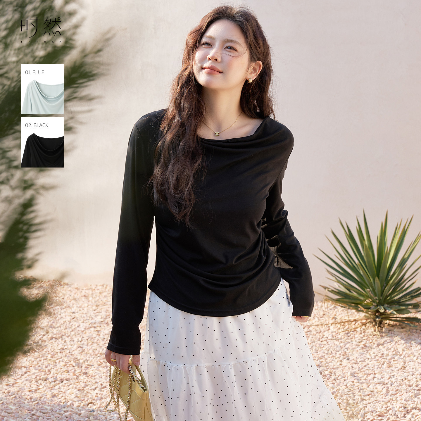 时然大码温柔荡领T恤微胖mm宽松V领打底衫纯欲风春季女装上衣纯色