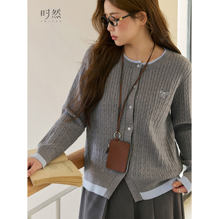 洋气百搭显瘦遮肉圆领撞色针织开衫 新款 微胖MM25年春季 时然大码