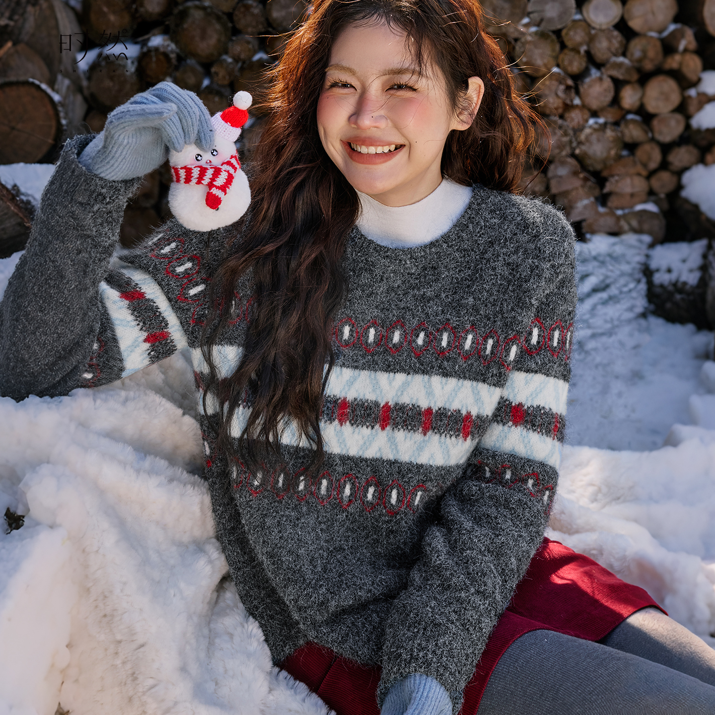 时然大码复古撞色针织衫宽松毛衣