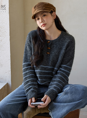 时然大码女装复古条纹针织衫2025秋冬新款微胖mm宽松显瘦毛衣上衣