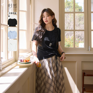 女圆领遮肉设计感显瘦百搭短袖 新款 T恤 微胖MM25年夏季 时然大码