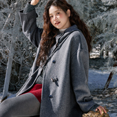 加厚保暖连帽外套冬装 时然大码 毛呢大衣微胖mm原创女装 宽松上衣