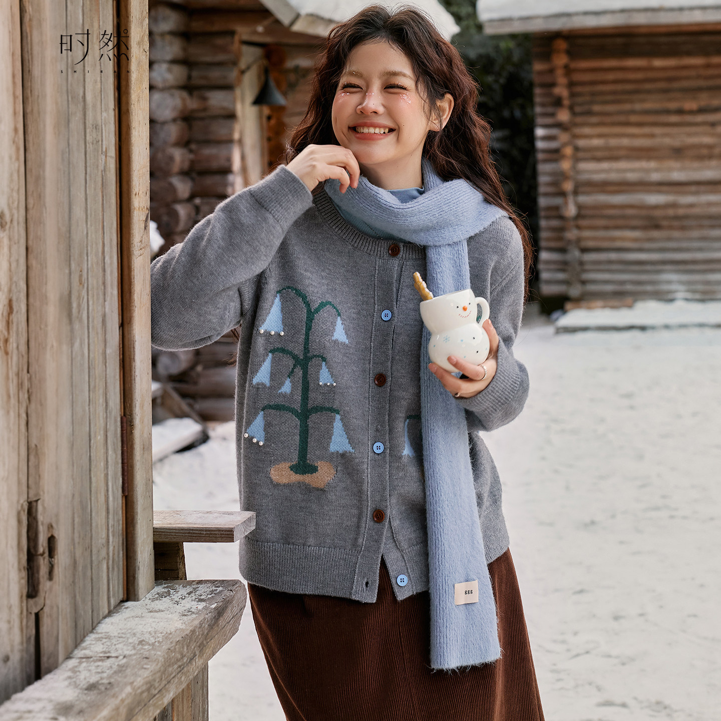 时然大码灰色提花针织衫微胖mm