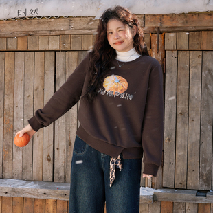 上衣新款 时然大码 加厚休闲长袖 宽松女装 秋冬 加绒卫衣微胖mm冬季