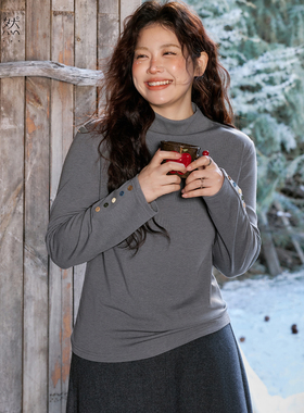 时然大码灰色磨毛打底衫微胖mm冬季女装T恤上衣半高领保暖内搭