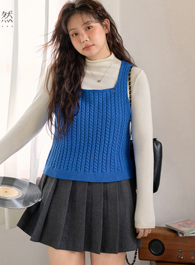 时然大码蓝色复古吊带背心微胖mm秋冬无袖马甲内搭女装上衣新款