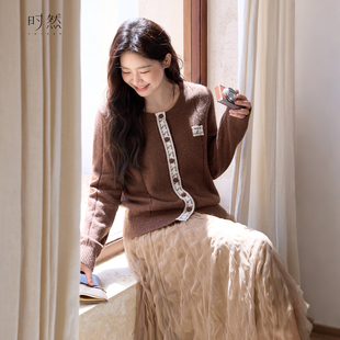 25秋冬新款 圆领针织开衫 微胖MM通勤显瘦蕾丝花边毛衣 女装 时然大码