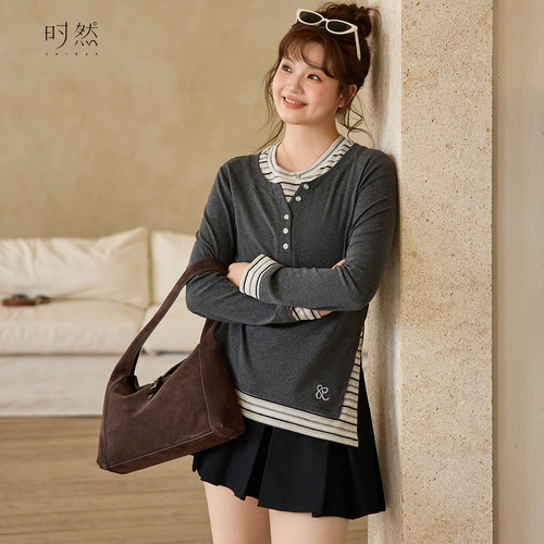 时然【懒人法则】拼接条纹针织衫