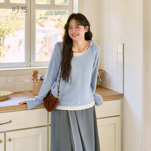 微胖mm连帽羊毛长袖 时然大码 25秋冬新款 假两件撞色针织衫 上衣 女装