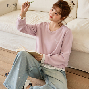 胖mm韩系减龄圆领长袖 粉色蕾丝卫衣2025秋冬新款 上衣 女装 时然大码