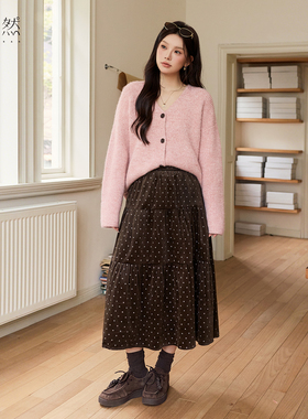 时然大码咖色半身裙微胖mm冬季咖色A字裙丝绒高腰裙子女装新款