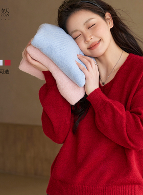 时然大码新年红色V领针织衫微胖mm冬季新款长袖上衣春秋针织毛衣