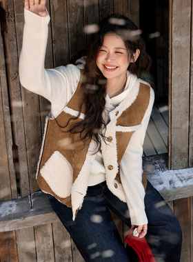 时然大码双面穿马甲微胖mm羊羔毛保暖坎肩背心上衣冬装马夹内搭