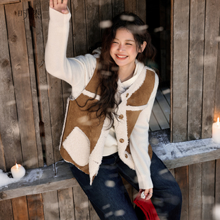 时然大码 马夹内搭 双面穿马甲微胖mm羊羔毛保暖坎肩背心上衣冬装